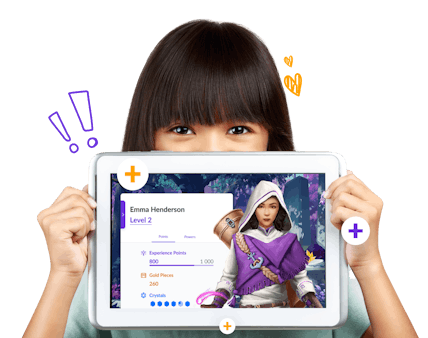 Student holding up a tablet with screenshot of Classcraft avatar and character information
