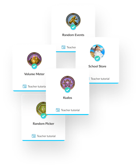 Five Classcraft feature icons with with copy, 'Random Events,' 'Volume Meter,' 'Kudos,' 'School Store,' and 'Random Picker.'