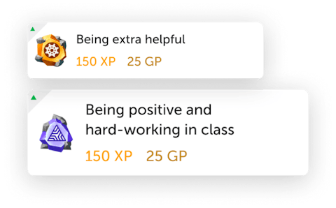 Two graphics of positive behaviors students can be rewarded for with Classcraft. The first example is 'Being extra helpful. The second example is 'Being positive and hard-working in class'