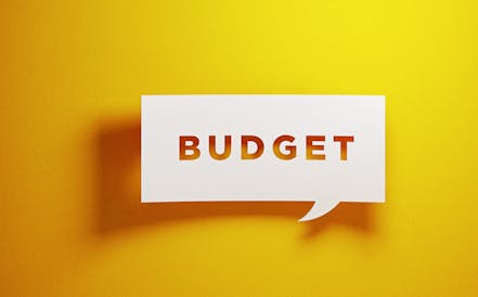 Graphic of a speech bubble with the word budget inside.