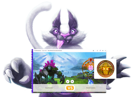 Classcraft pet holding up a screenshot of Classraft Boss Battle