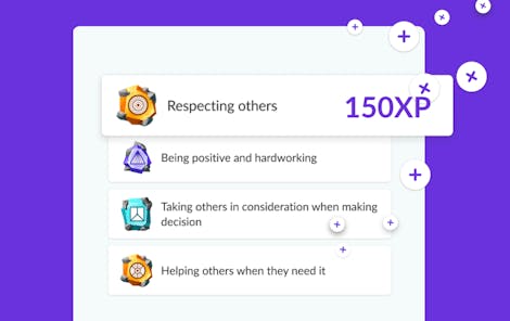 Examples of Classcraft experience points with text reading 'Respecting others, being positive and hardworking, taking others in consideration when making a decision, helping others when they need it.'