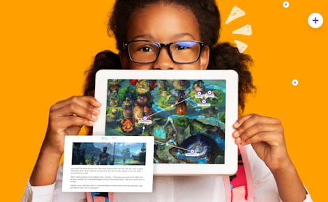 Student holding tablet with screenshot of Classcraft Quest