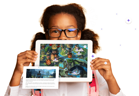 Students holding a tablet with a screenshot of a Classcraft Quest