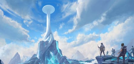 Illutration from the Classcraft universe where some characters are looking at the Tower in the center of the Voek Island
